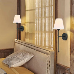 Brushed Gold Metal Farmhouse Wall Sconce with White Fabric Shade