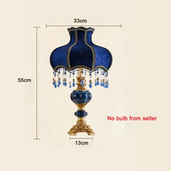 Gold Beaded Fabric Shade Table Lamp with Blue Accents