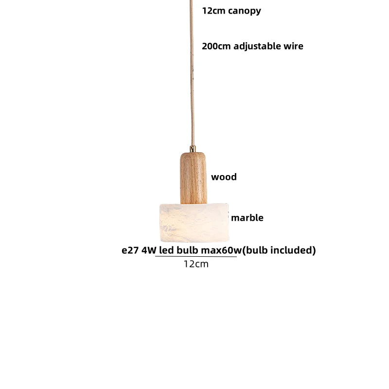 Pendant light with marble shade and wood finish, featuring adjustable wire and LED bulb included.