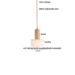 Pendant light with marble shade and wood finish, featuring adjustable wire and LED bulb included.