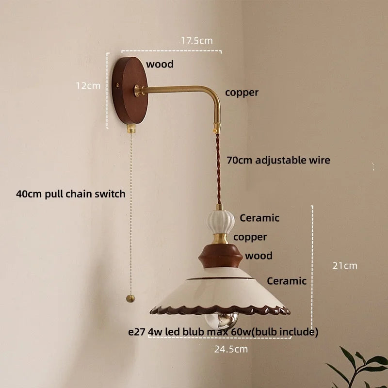 Wall-mounted lamp with measurements and material details on a beige background