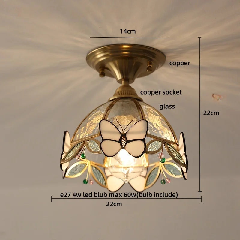 Ceiling light fixture with butterfly design and measurements on a neutral background