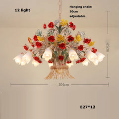 Gold Rose Bud Ceramic Pendant Light Fixture Floral Stems Glass Shades