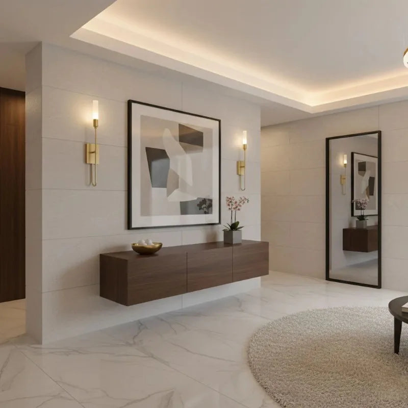 A pair of gold wall sconces with curved arms and frosted acrylic shades are mounted on a tiled wall in a hallway, next to a console table.