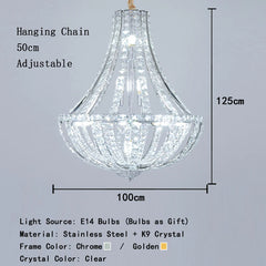 Crystal chandelier with dimensions and material details on a gray background