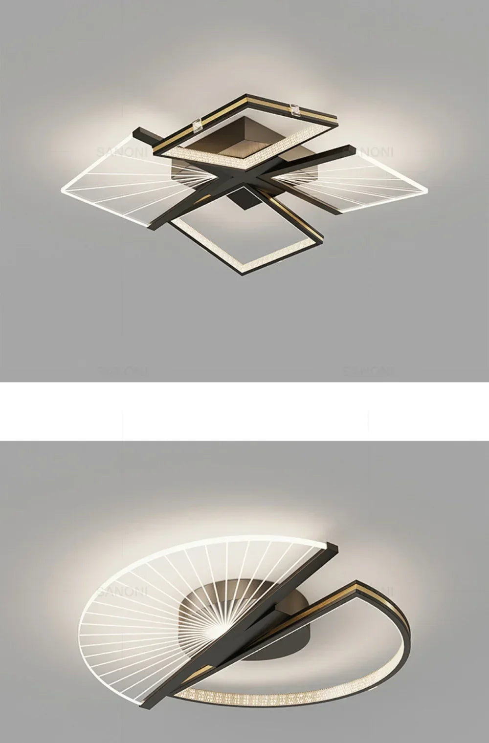 Top-down view of a multi-tiered geometric LED ceiling light fixture.