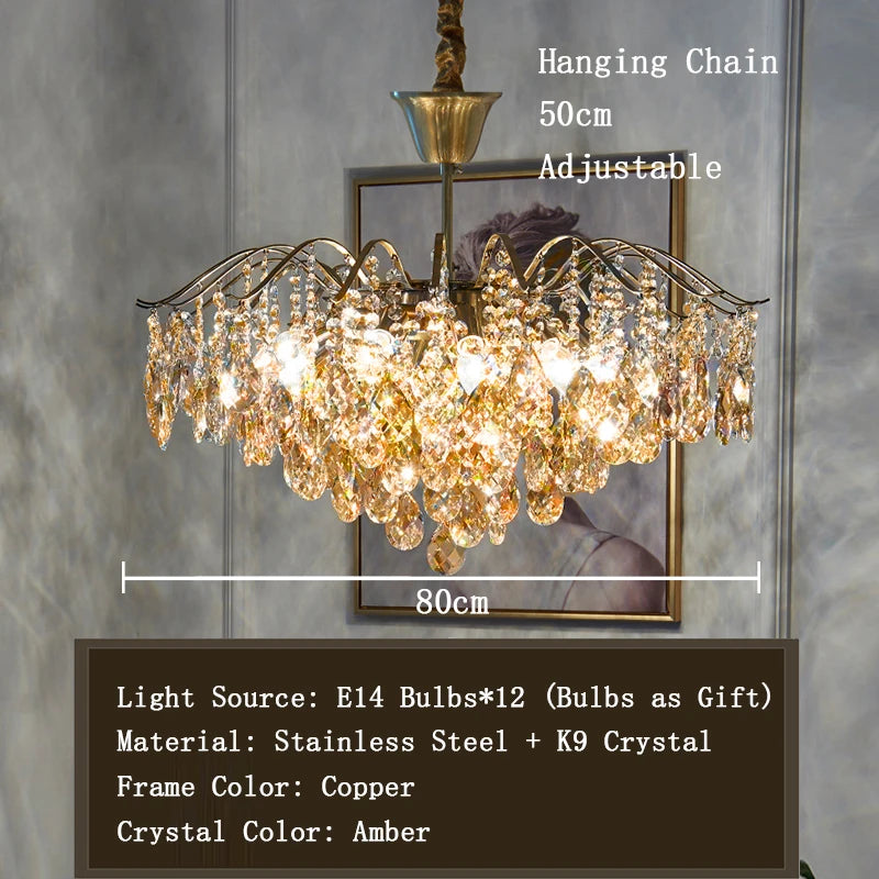 Chandelier with crystal accents and adjustable hanging chain on a neutral background