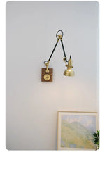 Brass Adjustable Swing Arm Wall Sconce Wooden Base Black Frame