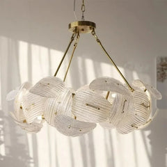 Woven Gold Pendant Light with Clear Petal Accents