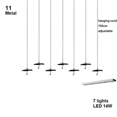 Diagram of a pendant light fixture with 7 lights, adjustable hanging cord, and LED 14W specifications.