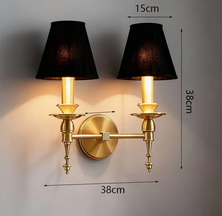 Wall-mounted lamp with black lampshades and gold fixtures, dimensions indicated.
