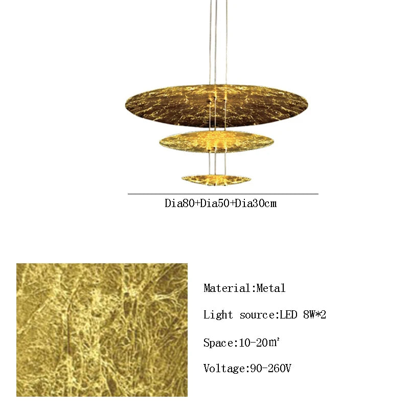 Gold pendant light with specifications on a white background