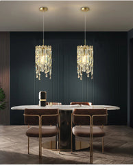 Gold Tiered Crystal Pendant Light Fixture Floral Stems Glass Shades