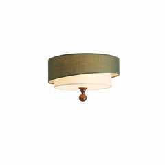 Ceiling light fixture with green shade and wooden finial on a white background