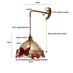 Pendant light with butterfly design, labeled with dimensions and features on a white background.