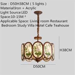 Bronze Chandelier with Frosted Glass and Green Leaf Floral Accents