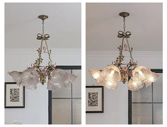 Gold Metal Chandelier with Rose Bud Accents and Frosted Glass Shades