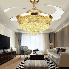 Modern living room with a gold ceiling fan light fixture