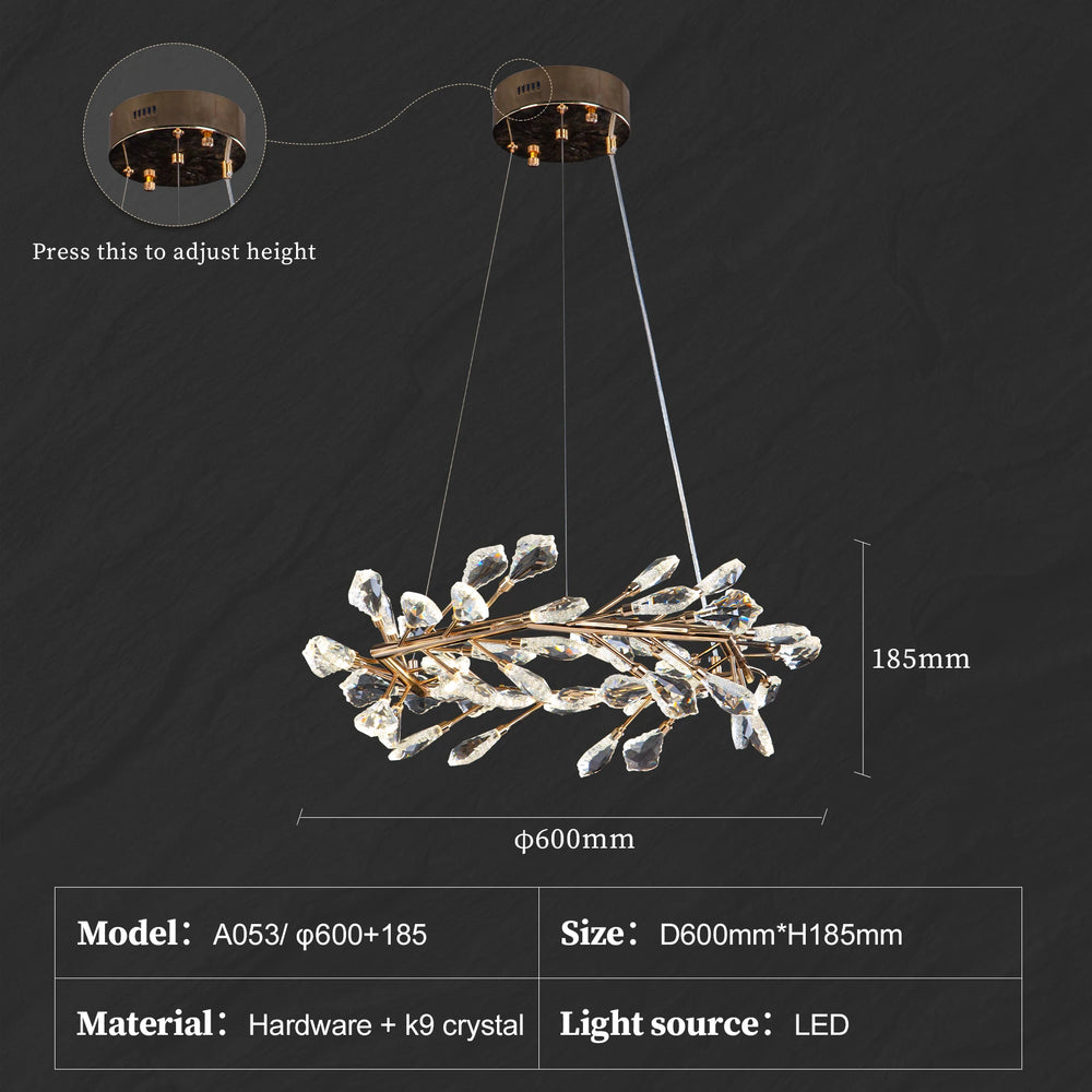 Chandelier with crystal design on a dark background, featuring adjustable height feature.