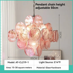 Diagram showing the dimensions of the pink glass disc chandelier, including height and width.