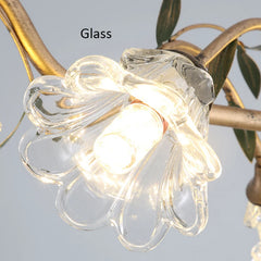 Gold Floral Branch Pendant Light Frosted Bell Shades & Leaf Accents