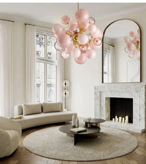 Pink Glass Orb Chandelier with Gold Metal Frame Clusters