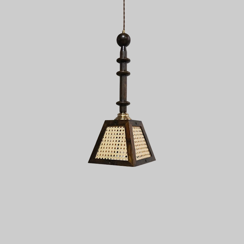 Pendant light with wooden design and dimensions on a gray background