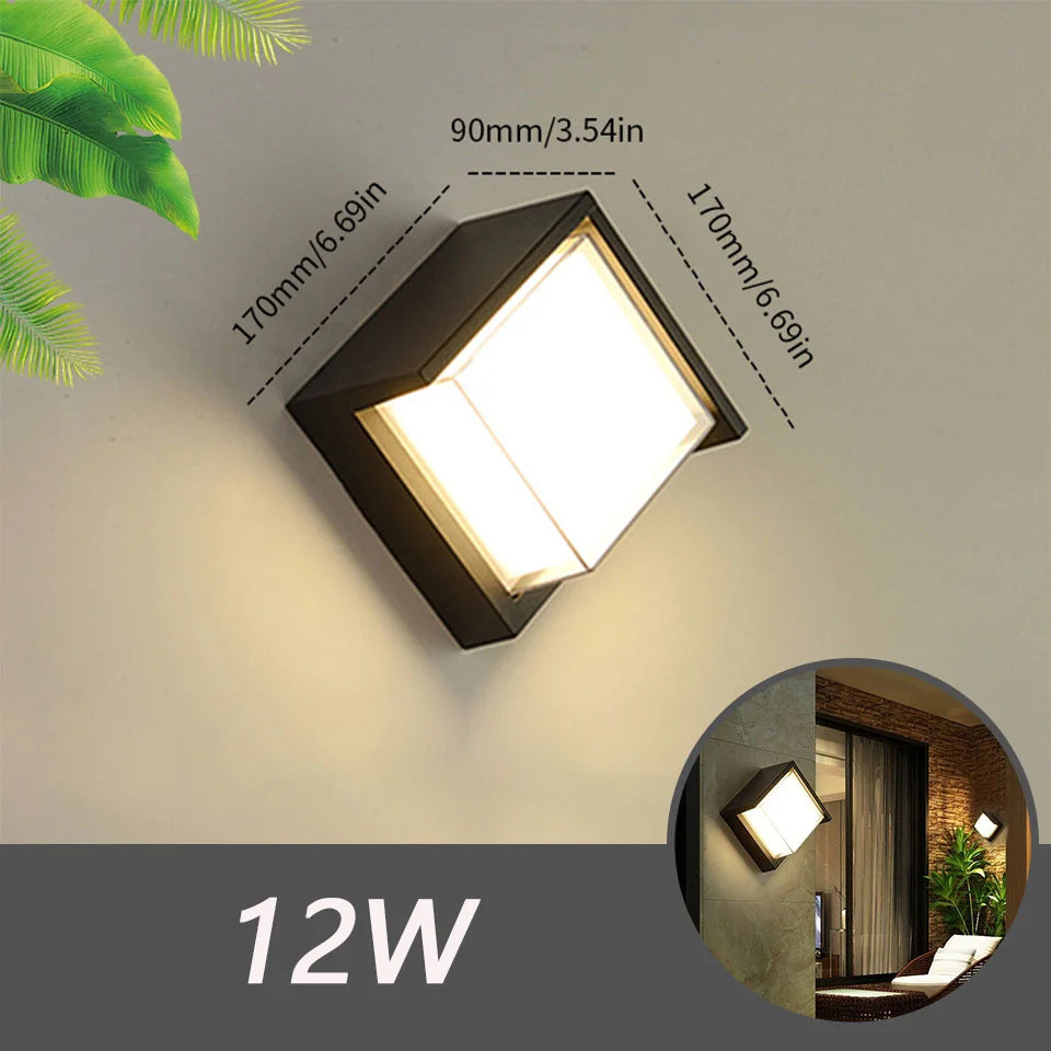 Wall-mounted outdoor light fixture with dimensions and a 12W label, shown indoors and outdoors.