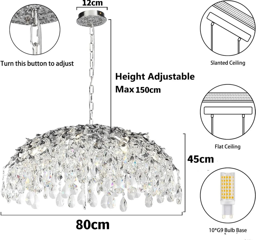 Diagram showing the dimensions and adjustable height feature of the chrome crystal chandelier.