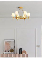 Polished Copper Ring Chandelier with Fabric Shades