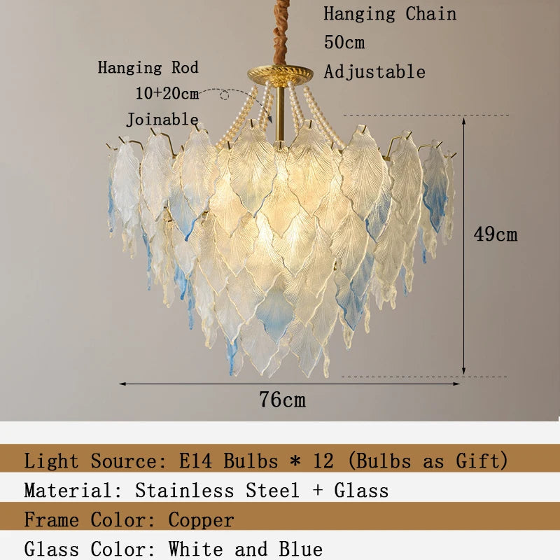 Chandelier with feather-like design, dimensions, and material details on a gray background