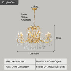 Gold chandelier with dimensions and specifications on a gray background