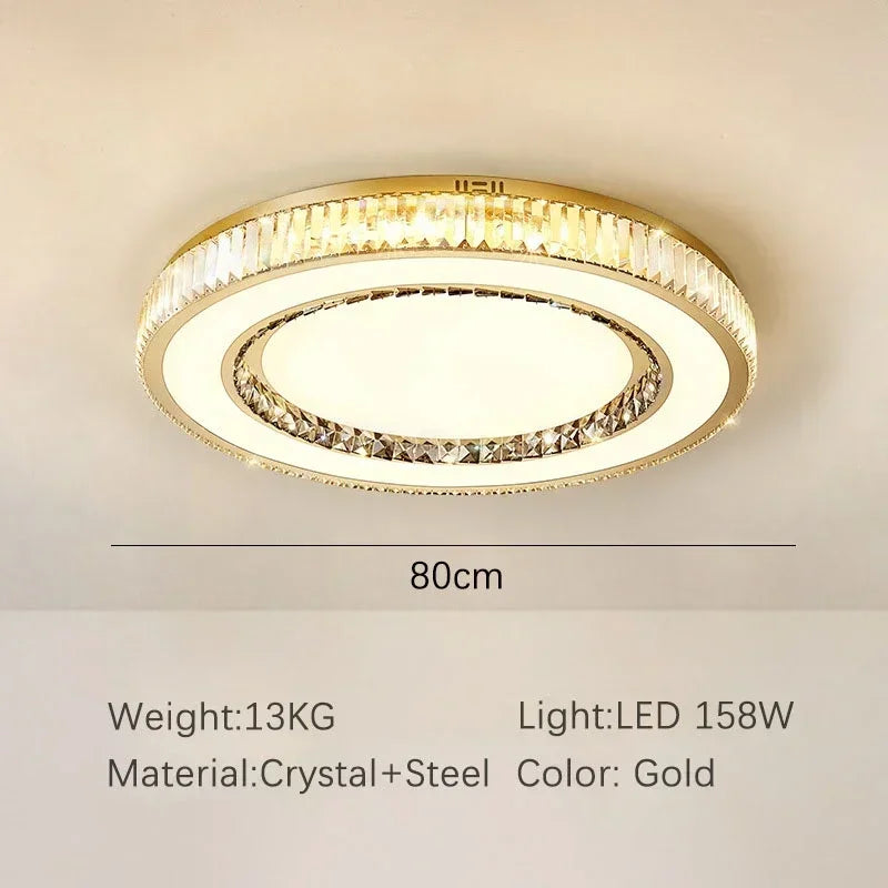 Ceiling light fixture with crystal details on a beige ceiling, showing dimensions and material information.