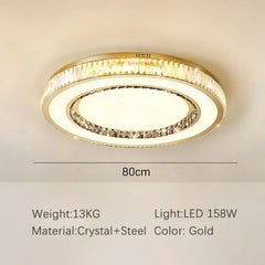Ceiling light fixture with crystal details on a beige ceiling, showing dimensions and material information.