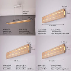 Wooden LED light fixtures with dimensions and specifications on a white background