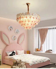 Gold Finish Chandelier with Frosted Glass Shades and Rose Bud Accents