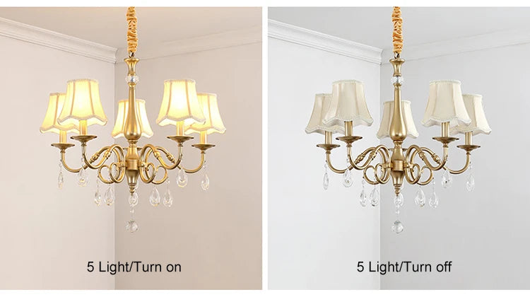 Chandelier with five lights on and off on a neutral background