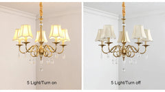 Chandelier with five lights on and off on a neutral background