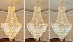 Three identical images of a crystal chandelier hanging from a ceiling.