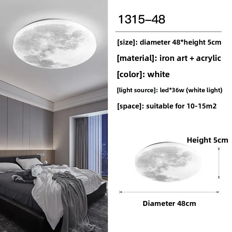 Ceiling light fixture with moon design in a bedroom setting, accompanied by product details.