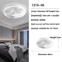 Ceiling light fixture with moon design in a bedroom setting, accompanied by product details.