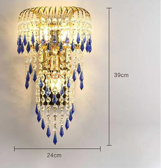 Crystal wall light fixture with dimensions on a gray background