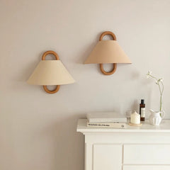 Pleated Fabric Cone Wall Sconce with Natural Wood Hoop Accents