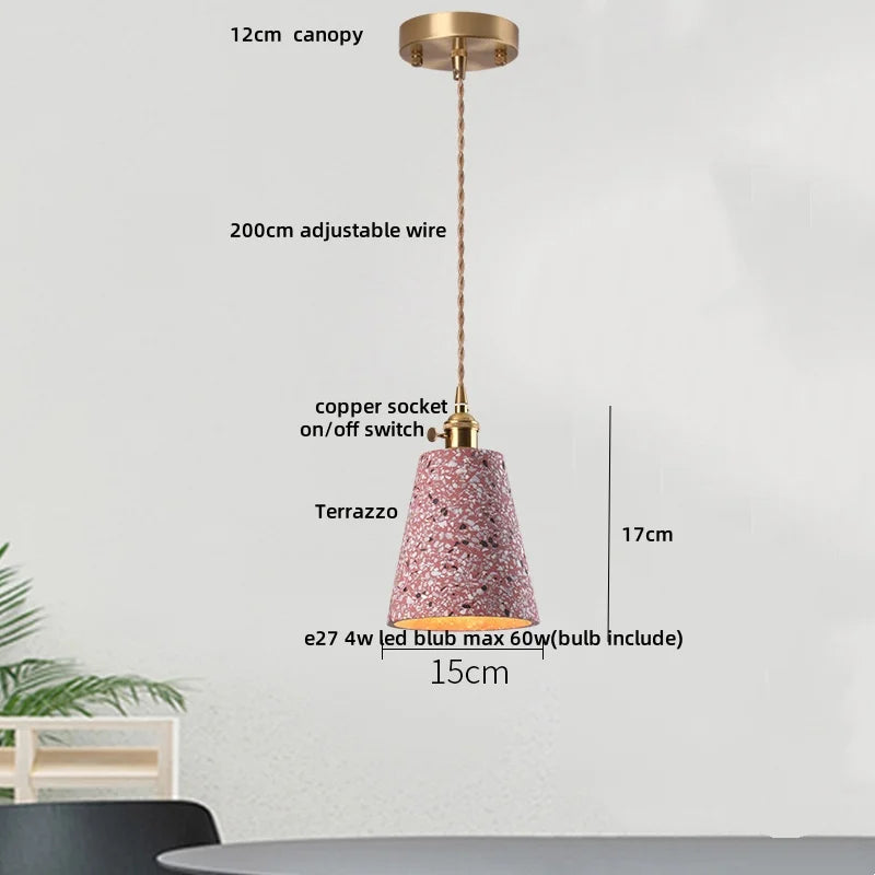 Pink terrazzo pendant light with measurements on a white background
