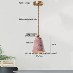 Pink terrazzo pendant light with measurements on a white background