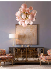Pink Glass Orb Chandelier with Gold Metal Frame Clusters