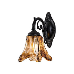 Bronze Bell Glass Wall Sconce with Amber Hue and Scroll Arm