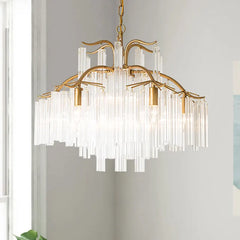 Gold Metal Waterfall Chandelier with Clear Glass Rods