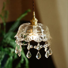 Brass Scrollwork Lantern Pendant with Frosted Floral Glass Shade