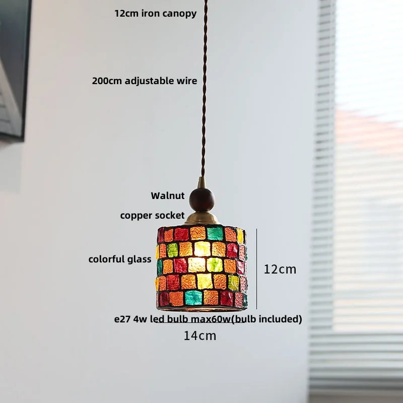 Colorful pendant light with labeled dimensions and features on a neutral background
